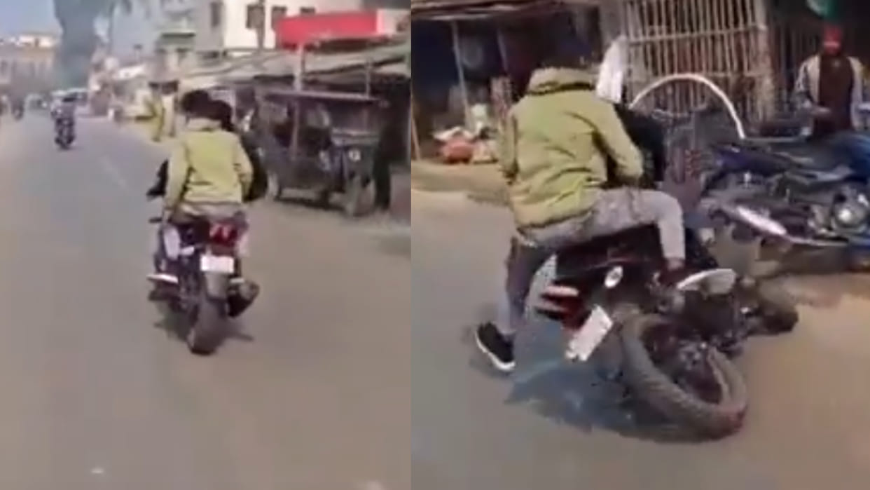 Two boys stunt bike while weaving across the road uttarakhand police share video