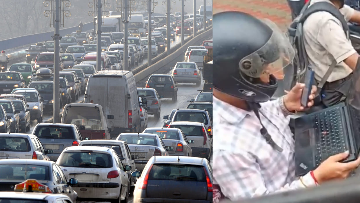Man was seen working on laptop while on bike amidst traffic jam video goes viral on social media