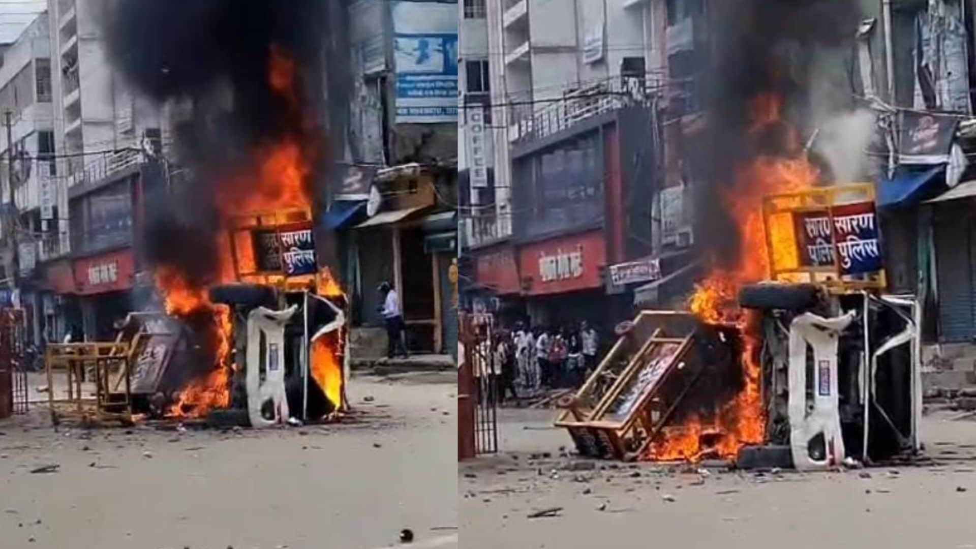 भीड़ ने पुलिस वाहन फूंका