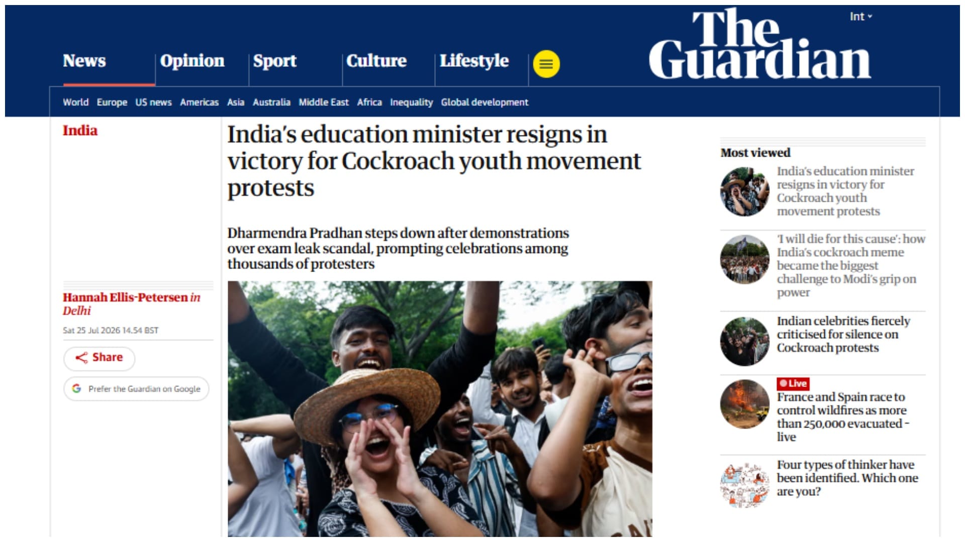 धर्मेंद्र प्रधान के इस्तीफे पर द गार्डियन।
