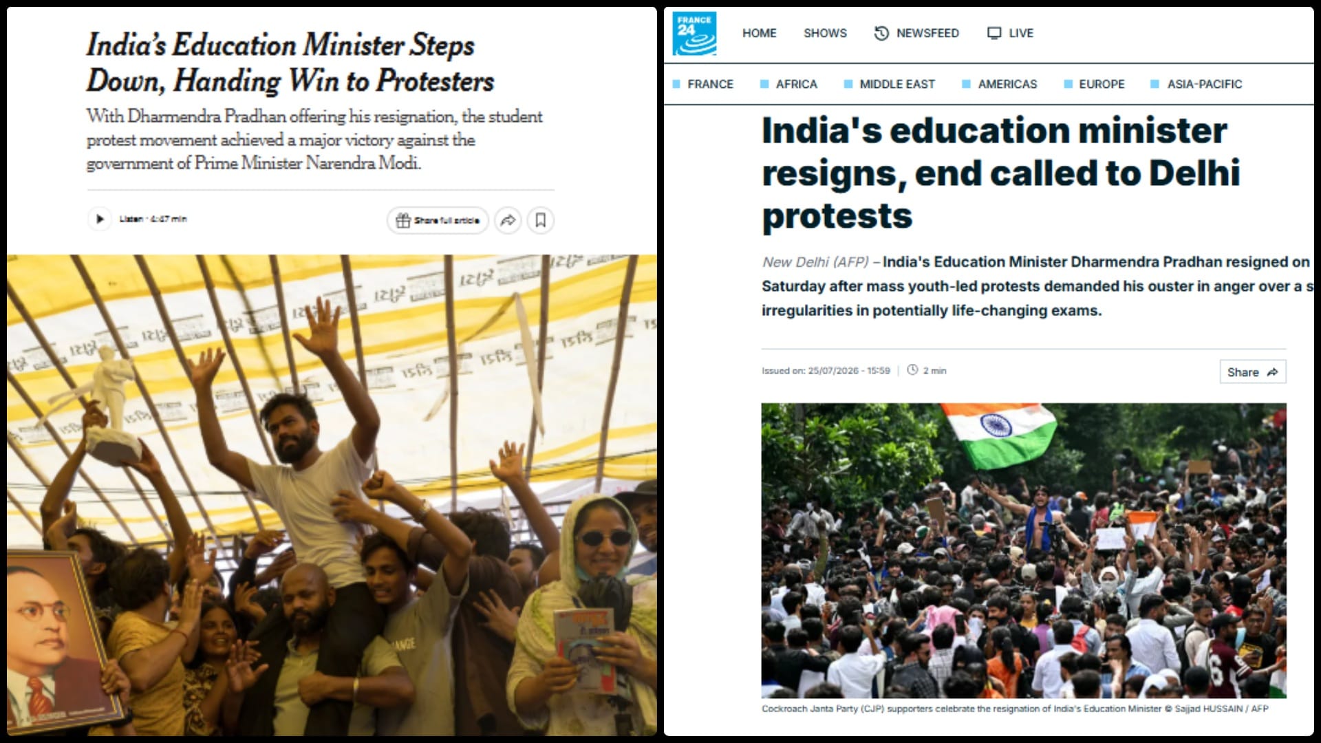 न्यूयॉर्क टाइम्स (बाएं) और एएफपी (दाएं) का कवरेज।