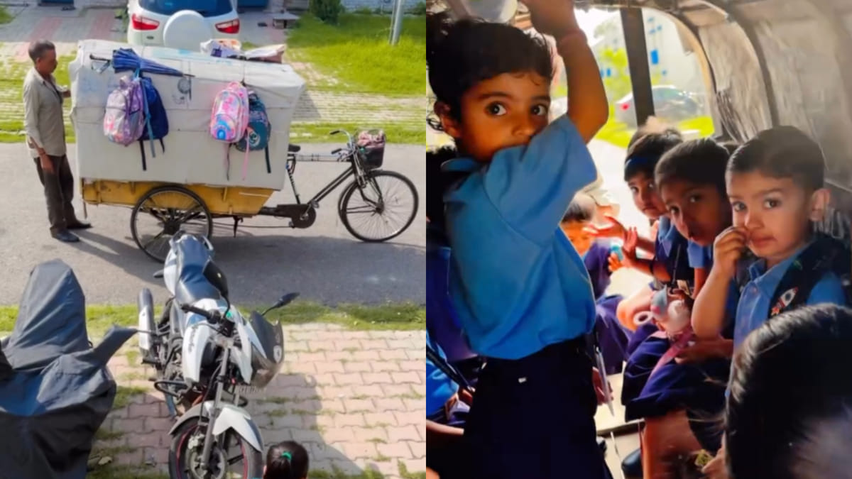 नन्हे बच्चों का स्कूल साइकिल-रिक्शा देख याद आए पुराने दिन, लाखों लोगों ने देख डाला वीडियो