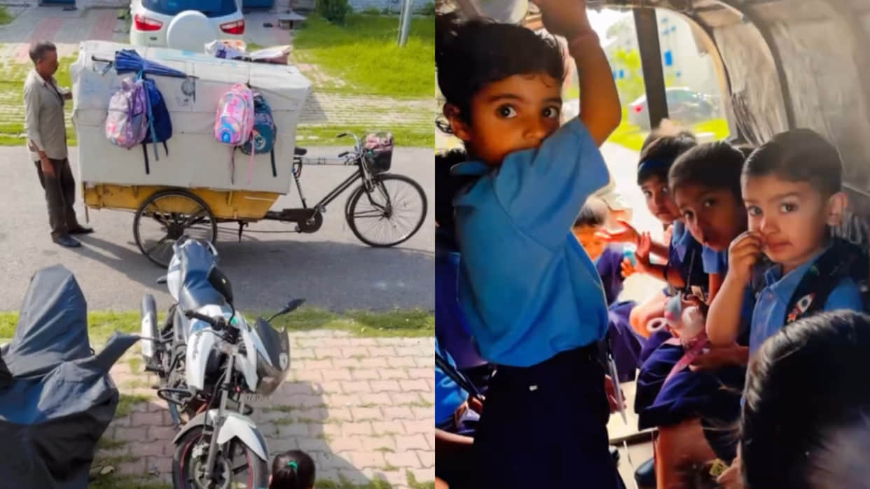 Little kids school cycle rickshaw brings back old memories video goes viral on social media
