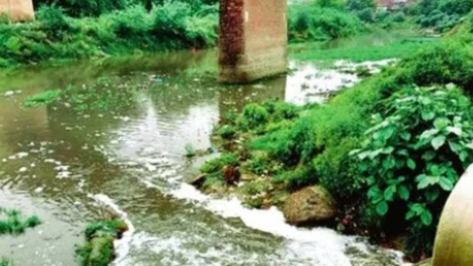 सीतापुर में कैंची पुल के नीचे सरायन नदी में गिरता गंदा पानी।