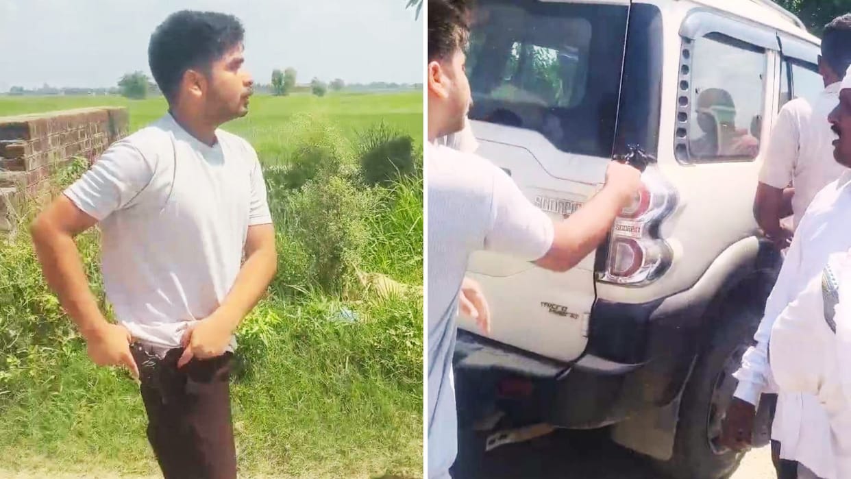 Licensed pistol falls from village head's dhoti; son picks it up and threatens opponents.