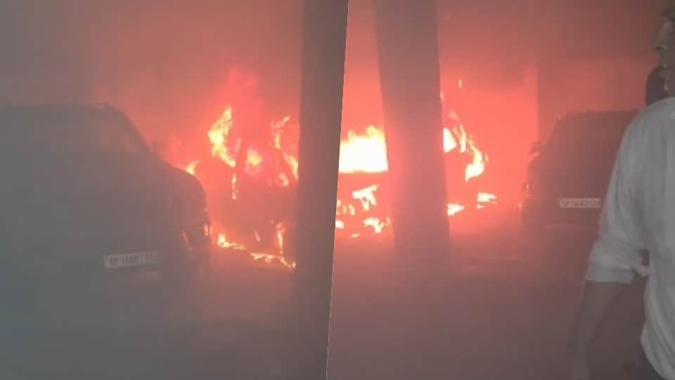 A massive fire broke out in vehicles in the basement of a society in Noida Sector 46.