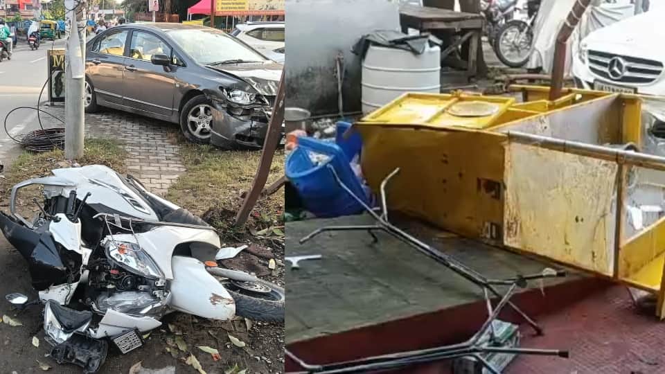 Dehradun speeding car rammed into roadside vehicle crashes into shop In Pathribagh shopkeeper injured