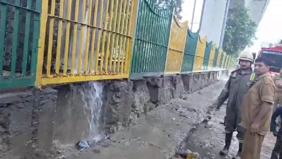 Divider collapsed near metro station amid rain in Noida