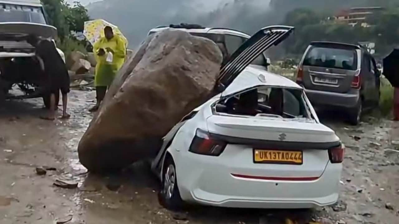 Uttarakhand Rain Flooding in Agastyamuni Highway Hit by Landslide Car Buried Under Boulde Rudraprayag