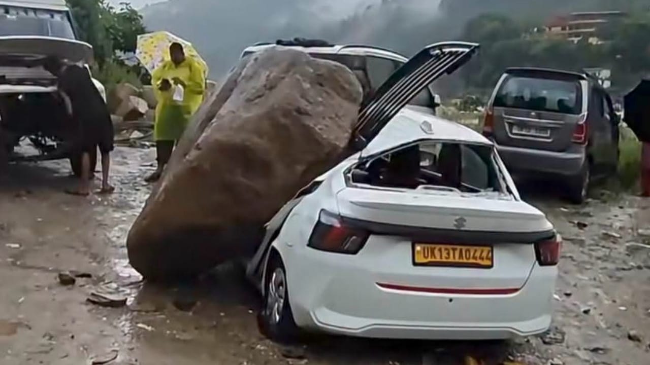 Uttarakhand Rain Flooding in Agastyamuni Highway Hit by Landslide Car Buried Under Boulde Rudraprayag