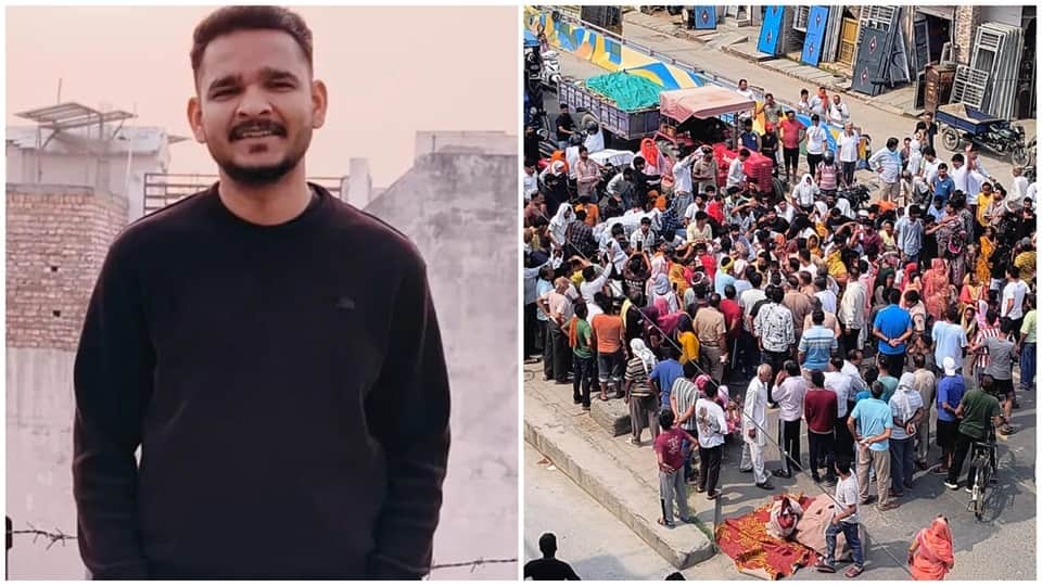 मृतक सुनील की फाइल फोटो और पीड़ित परिजनों द्वारा किया गया रोड जाम