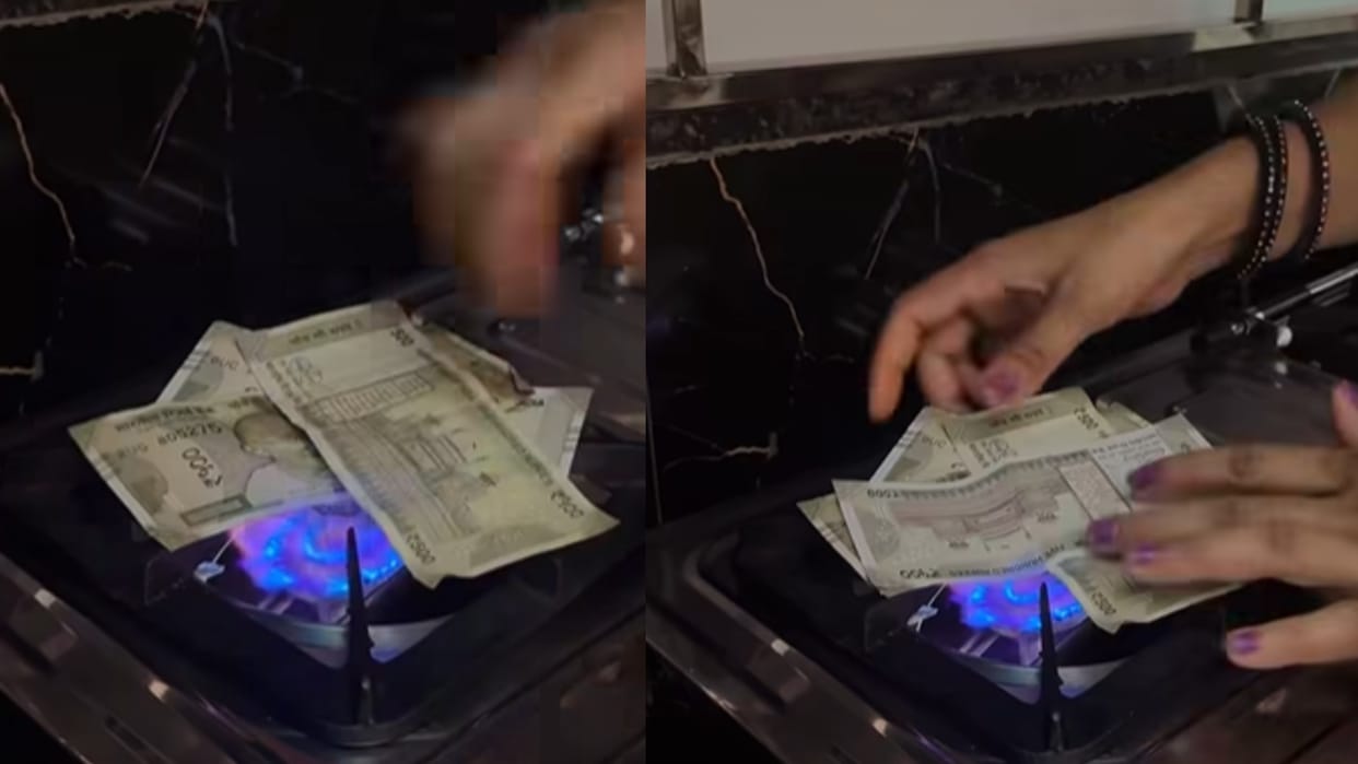 Viral Video woman puts several 500 rupee notes on burning stove what happened next will shock you