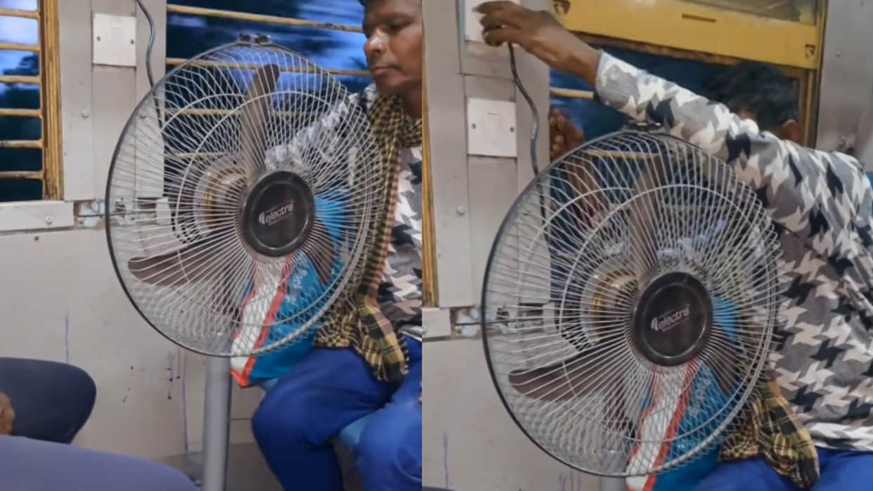 Man is seen trying to plug fan into the train charging socket in general compartment viral video