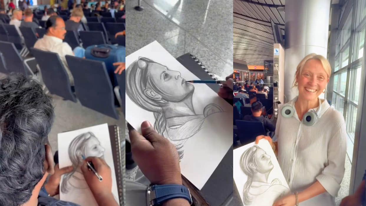 Artist surprises unknown foreign woman at airport with her portrait sketch viral video