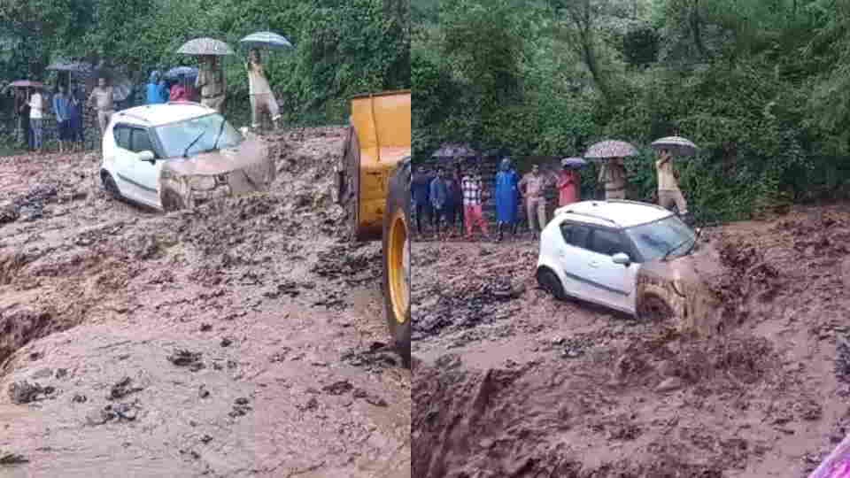 Vikasnagar Debris washed into ravine near Johdi on Kalsi-Chakrata road car got stranded in middle