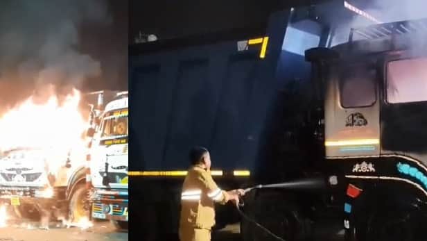 Auraiya Massive fire breaks out in dumper cabin fire brigade bring under control nearby vehicles remain safe