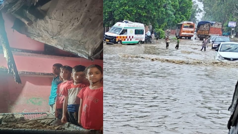 छत गिरने पर सहमे खड़े बच्चे और दिल्ली-पौड़ी हाईवे पर भरा पानी।