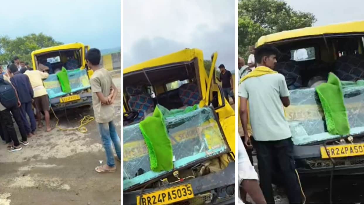 Sand-laden truck hits school van; driver and several children injured.