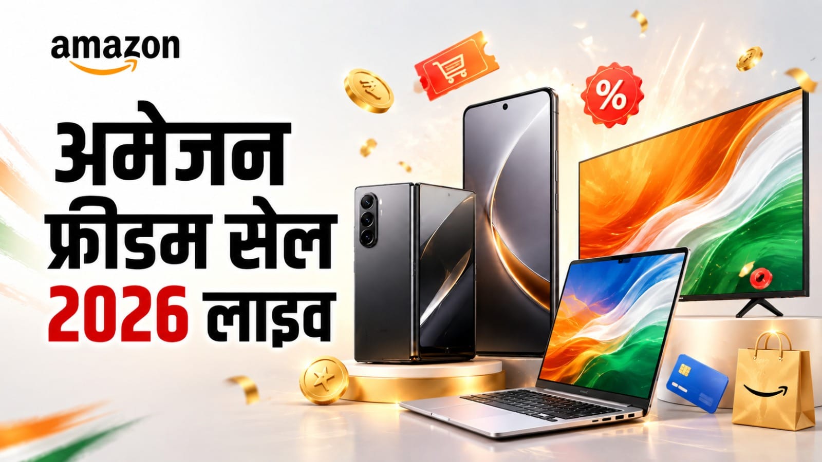 Amazon Freedom Sale 2026 Live: स्मार्टफोन्स, लैपटॉप और टीवी पर मिल रही बंपर छूट, जानें किस पर होगी कितनी बचत Amazon Freedom Sale 2026 Begins, Big Discounts Electronics, Fashion More