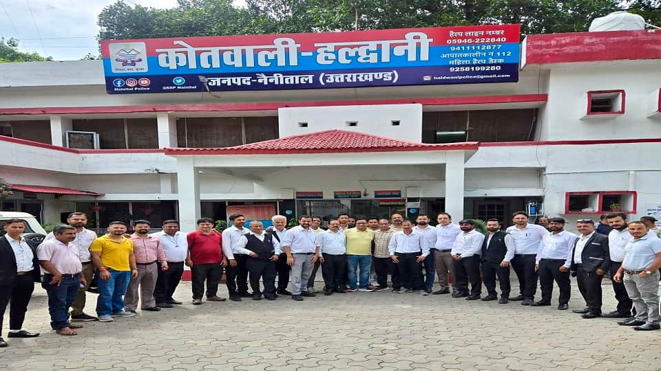 Angry colleagues protest at the Haldwani police station after an advocate was beaten with a stick