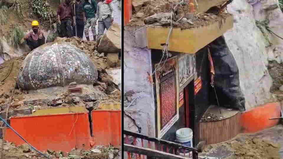 Haridwar News Accident due to continuous rain boulder fell on the Kali Temple at Bhimgoda damaging spire