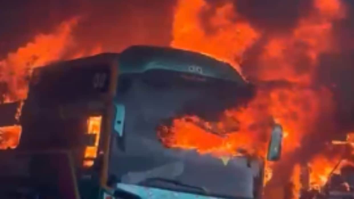 Massive fire breaks out at a garage along the Paliya-Bhira road in Lakhimpur Kheri