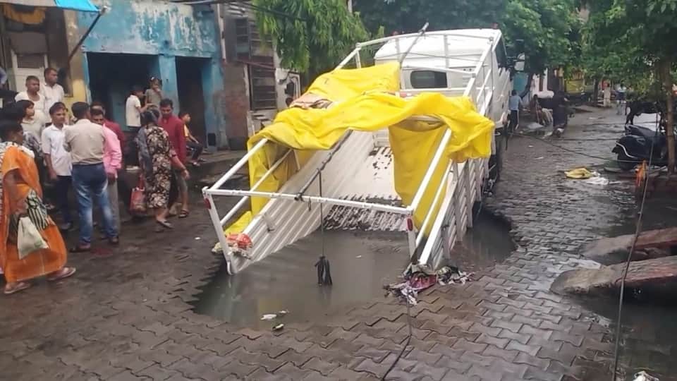 Smart City Roads Collapse at Three Places Creating 20-Ft-Deep Pits Truck Gets Trapped