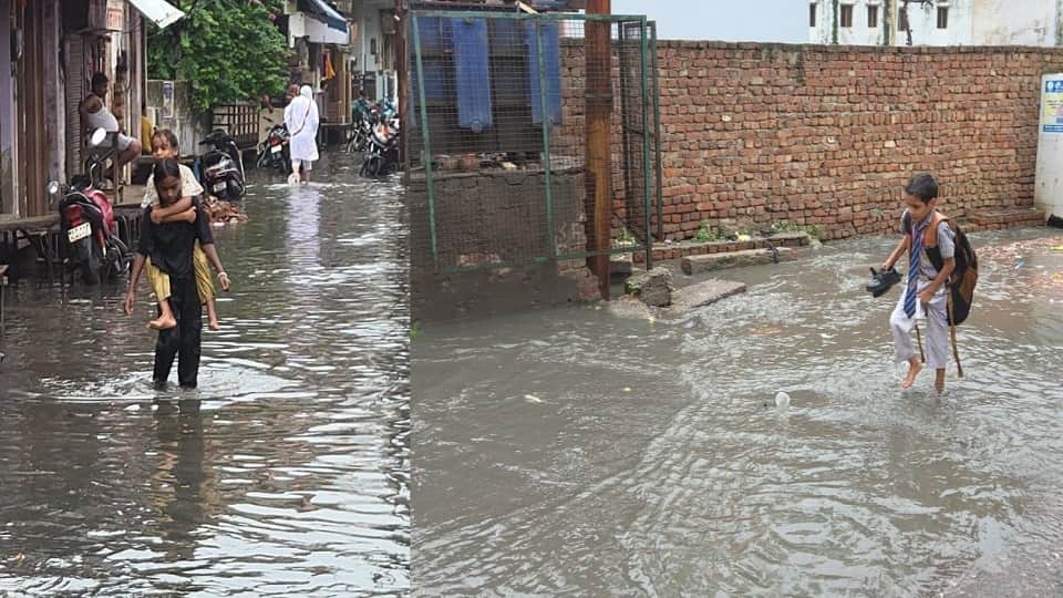 Water filled in the street of village Baghana