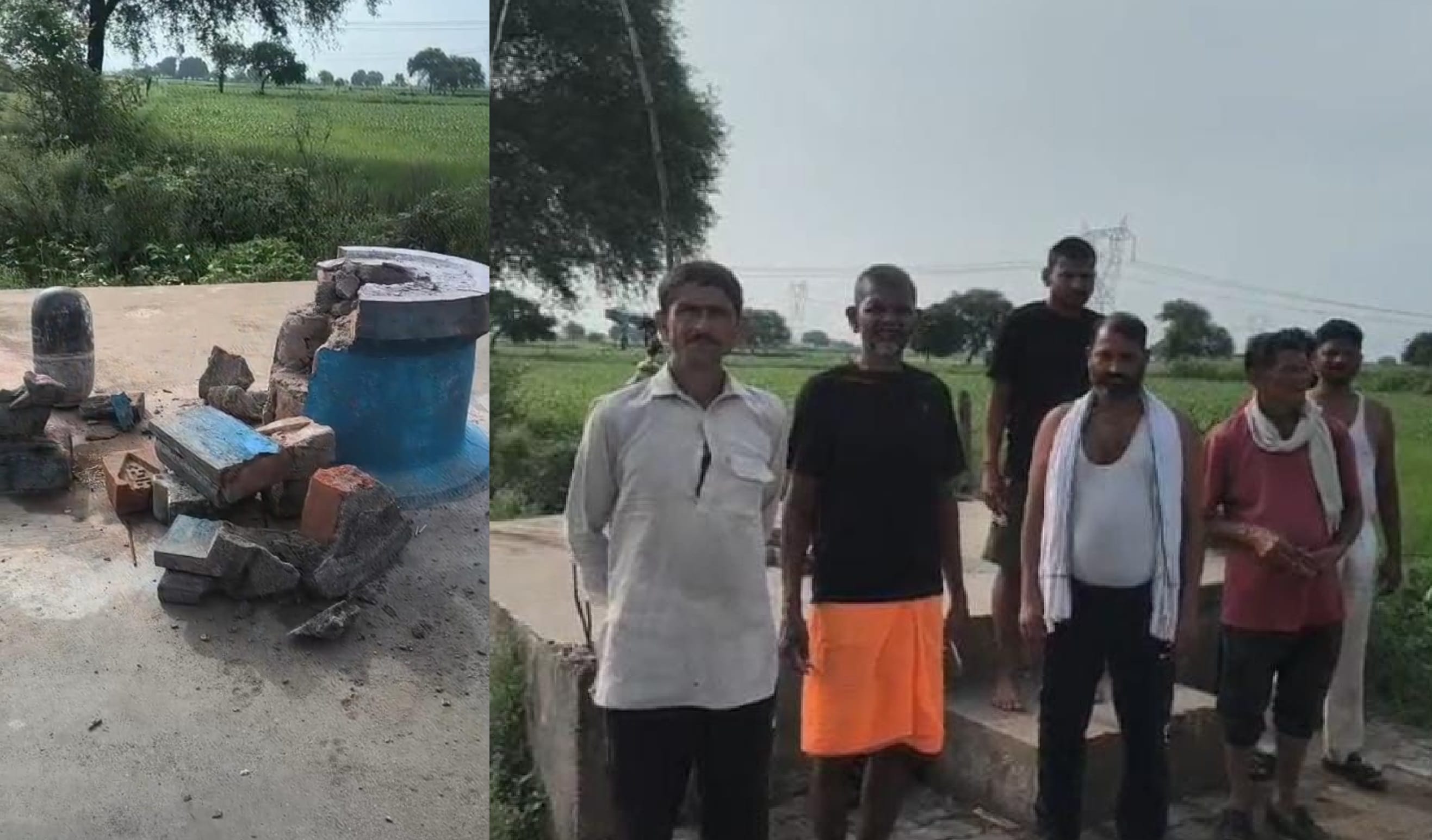 क्षतिग्रस्त शिवलिंग और घटनास्थल पर लगी भीड़