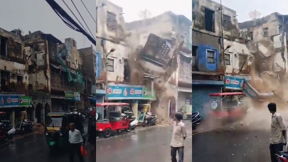 Drain overflows due to rain; dilapidated building collapses in Belanganj.