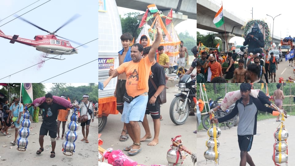 Flower petals showered on Kanwariyas from a helicopter in Ghaziabad