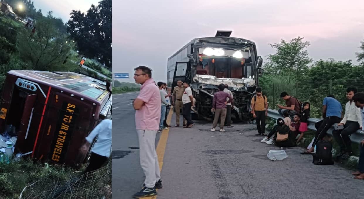 Unnao Road Accident one bus collided with truck  another lost control and overturned 44 passengers injured