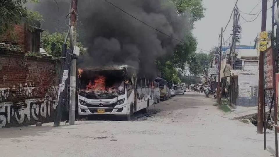 A parked bus suddenly caught fire