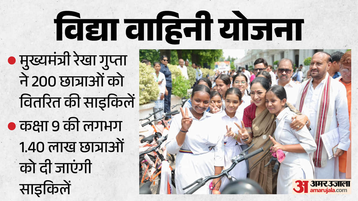 Delhi CM Rekha Gupta distributes free bicycles to Class 9 female students under Vidya Vahini Yojana