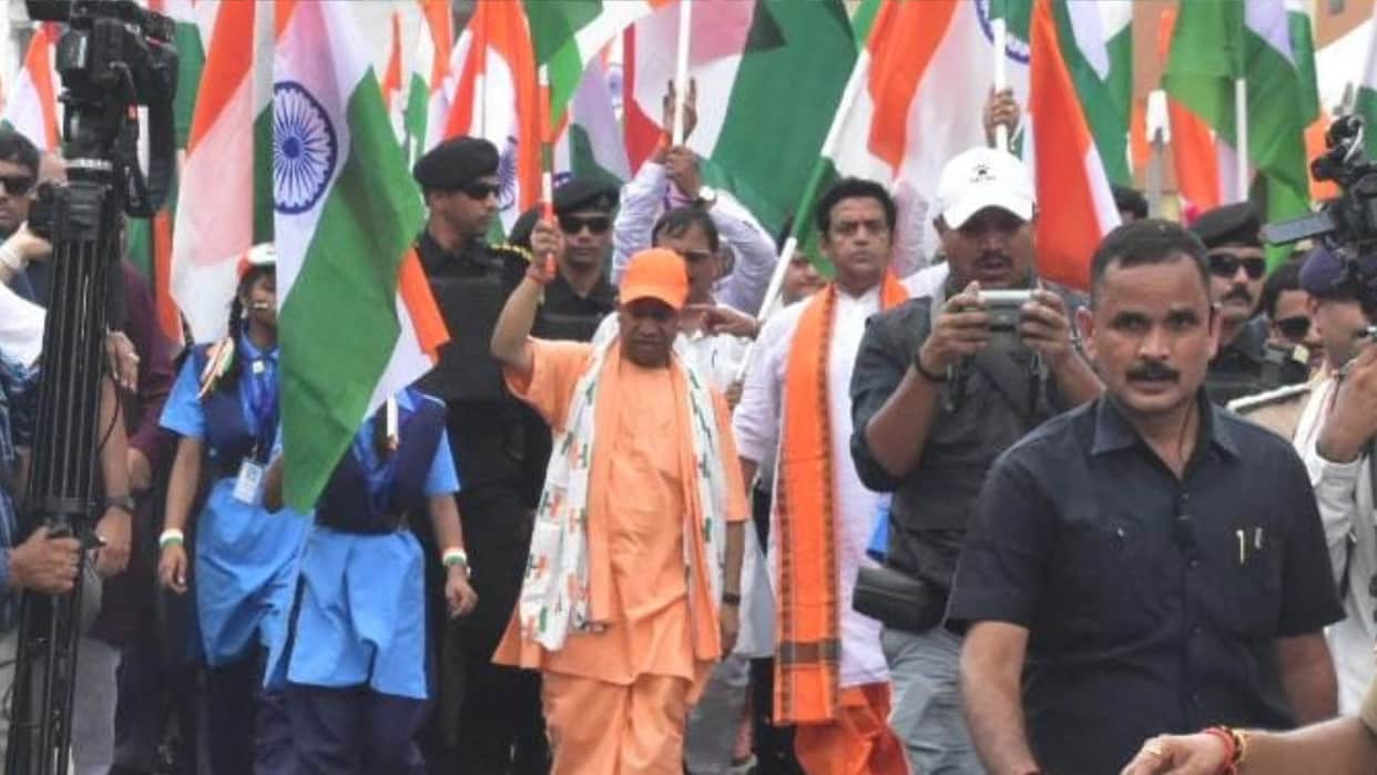 CM Yogi leads the way, with Gorakhpur following behind, holding the Tricolour.