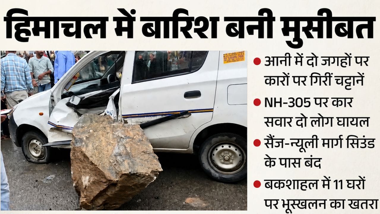 पहाड़ी से चट्टान गिरने से कार क्षतिग्रस्त।