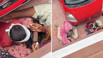 भीख मांगने की तैयारी करते दिखे बच्चे