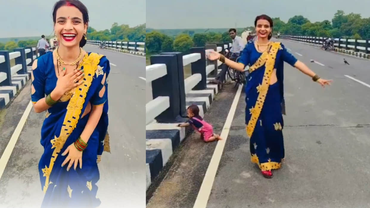Woman leaves child alone on bridge while making a reel viral video