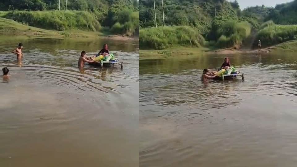 agra viral video pregnant woman crossed river lying on cot In absence of bridge