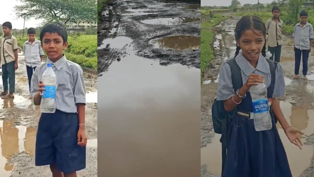 Student using water bottle as a mic reports on the poor condition of roads viral video