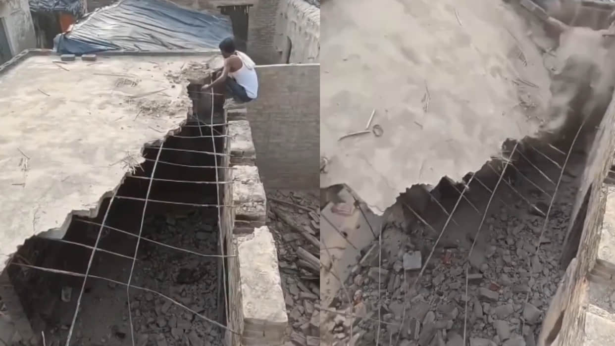 Laborer was digging roof sitting on wall suddenly wall collapsed narrowly escapes viral video