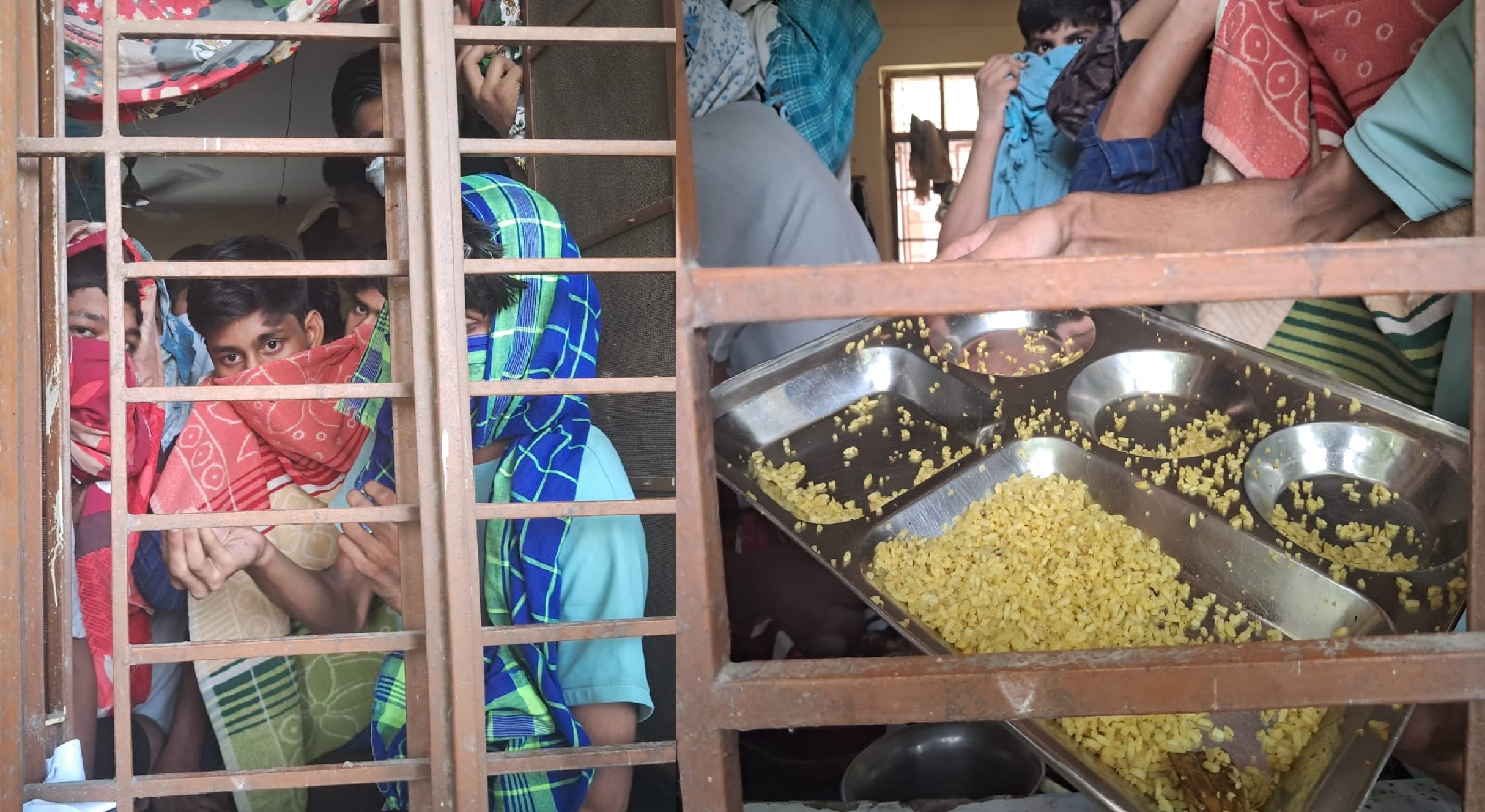 हॉस्टल की खिड़की में मुंह ढककर खड़े छात्र और प्लेट में कच्चे चावल दिखाते छात्र