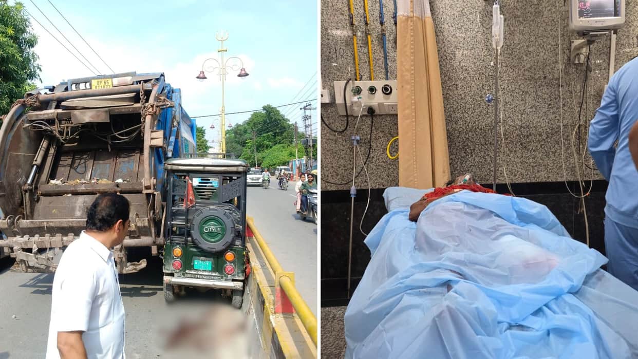 Varanasi Collision between Toto and municipal garbage truck while overtaking woman loses leg