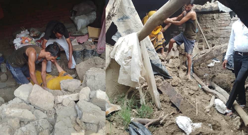Kanpur House collapses in the middle of the night amidst rain villagers rescue woman trapped in the debris