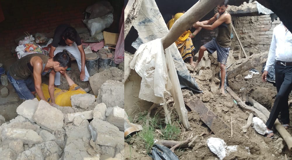 Kanpur House collapses in the middle of the night amidst rain villagers rescue woman trapped in the debris
