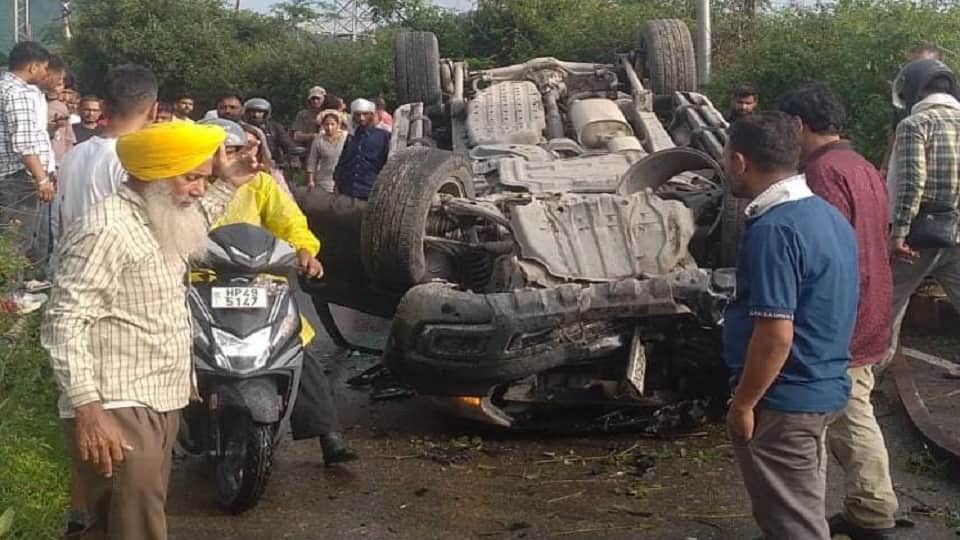 Tourists car overturns on highway after hitting a scooter in Mandi seven injured