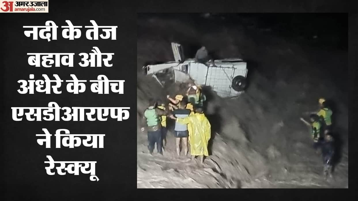 Max vehicle overturns in Been River in Rishikesh SDRF rescues two people safely in Uttarakhand