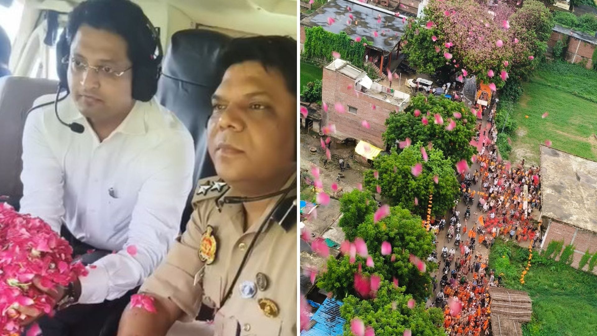 बारिश के बीच कांवड़ियों पर हेलीकॉप्टर से पुष्पवर्षा।