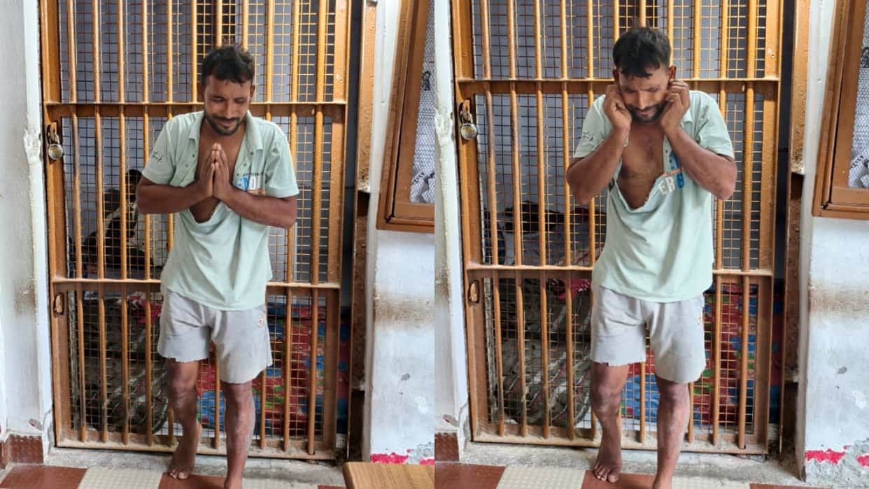 man accused of making obscene gestures at female students limped out of the lock-up in Pilibhit