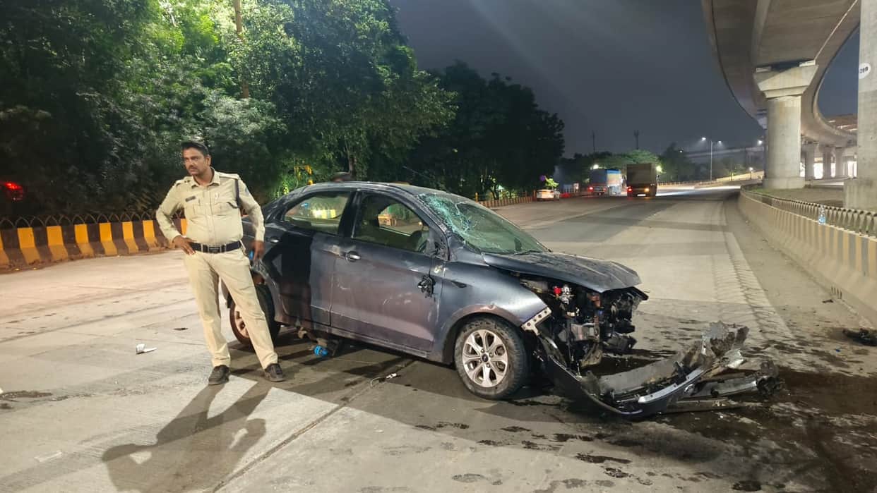 Indore: Road accident on Indore's Super Corridor; swerving car crashes into divider.